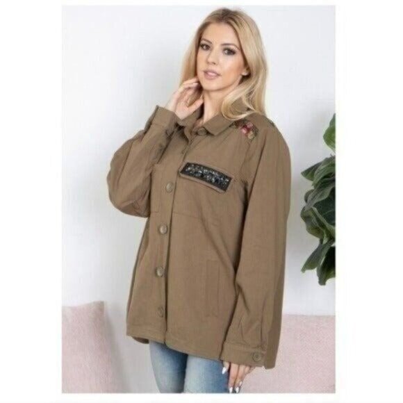 Khaki Button-Up Jacket W/Floral Embroidery & Beaded Pocket Accent -NEW - Picture 6 of 7